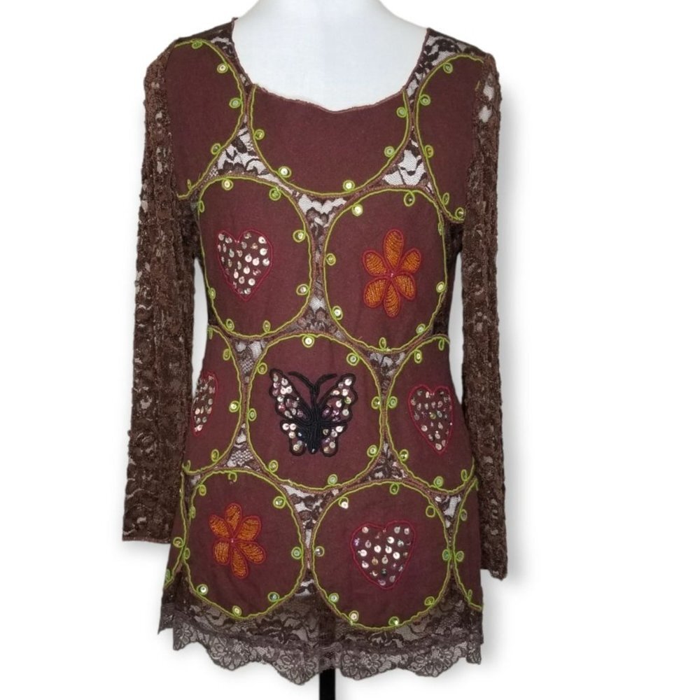 ❤️Y2K Brown Linen Top With Chenille Lace Sleeves Embroidery Sequins Fairy Core